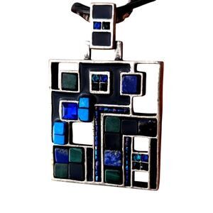 Vintage chico's Modernist Pendant 1.75" square1 leather + metal 17-21"EUCBlue